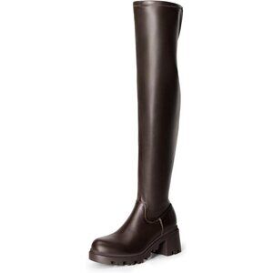 Women's Brown-pu Faux Leather Knee High Over The Knee High Chunky Heel Boots